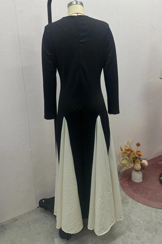 Contrast Panel Flared Long Sleeve Maxi Dress - black - 5