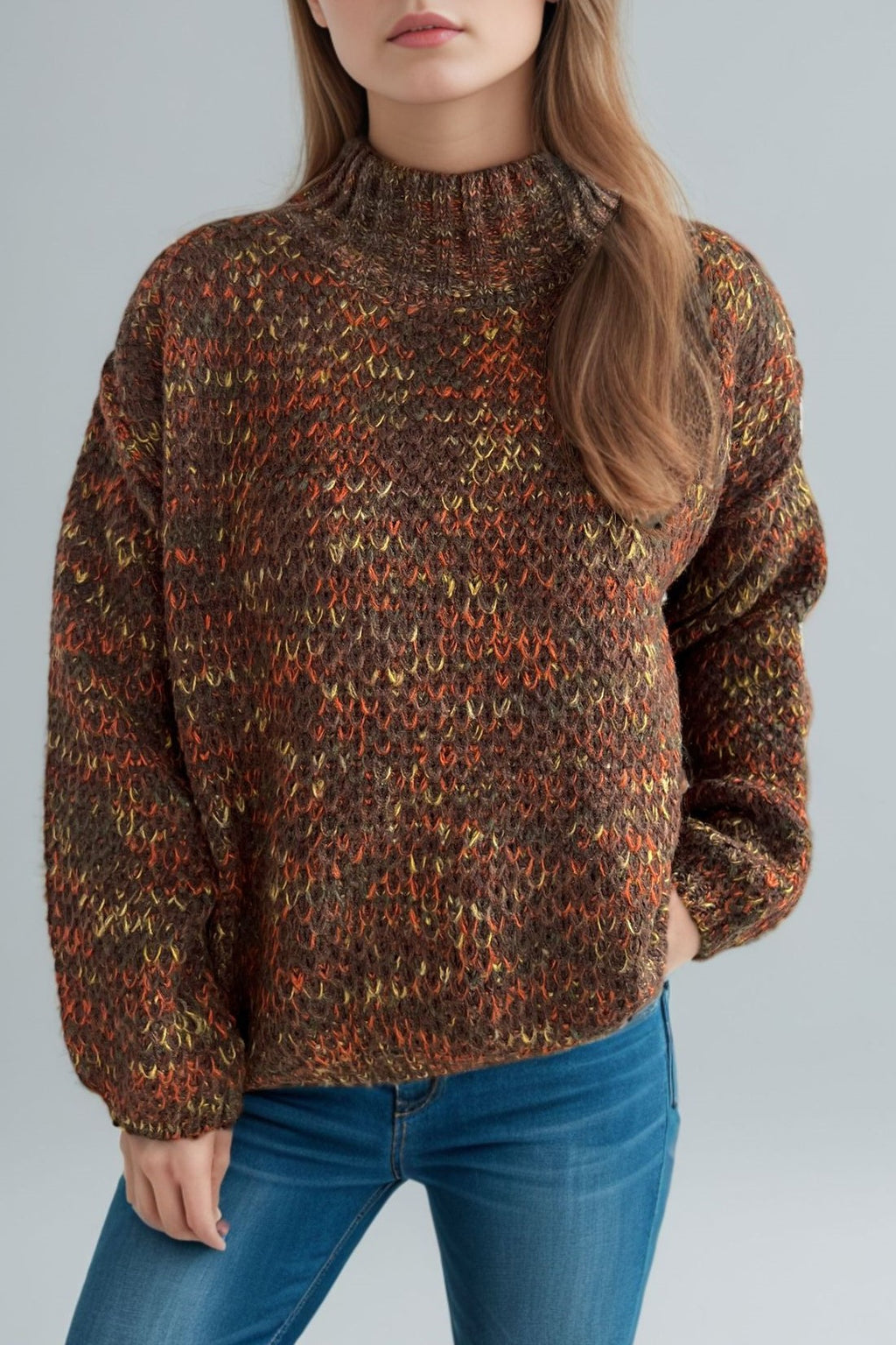 Chunky Marled Mock Neck Jumper - brown - 5