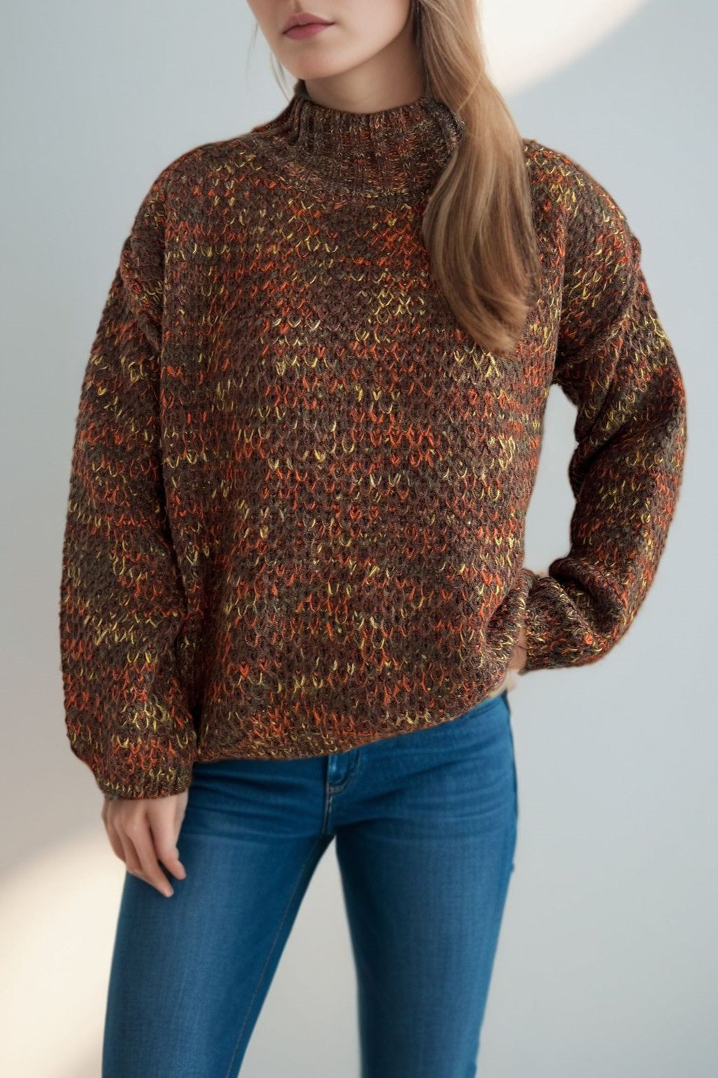 Chunky Marled Mock Neck Jumper - brown - 6