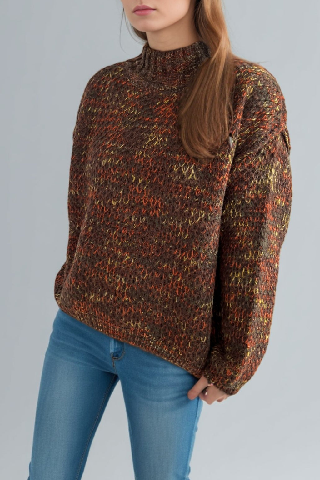 Chunky Marled Mock Neck Jumper - brown - 7