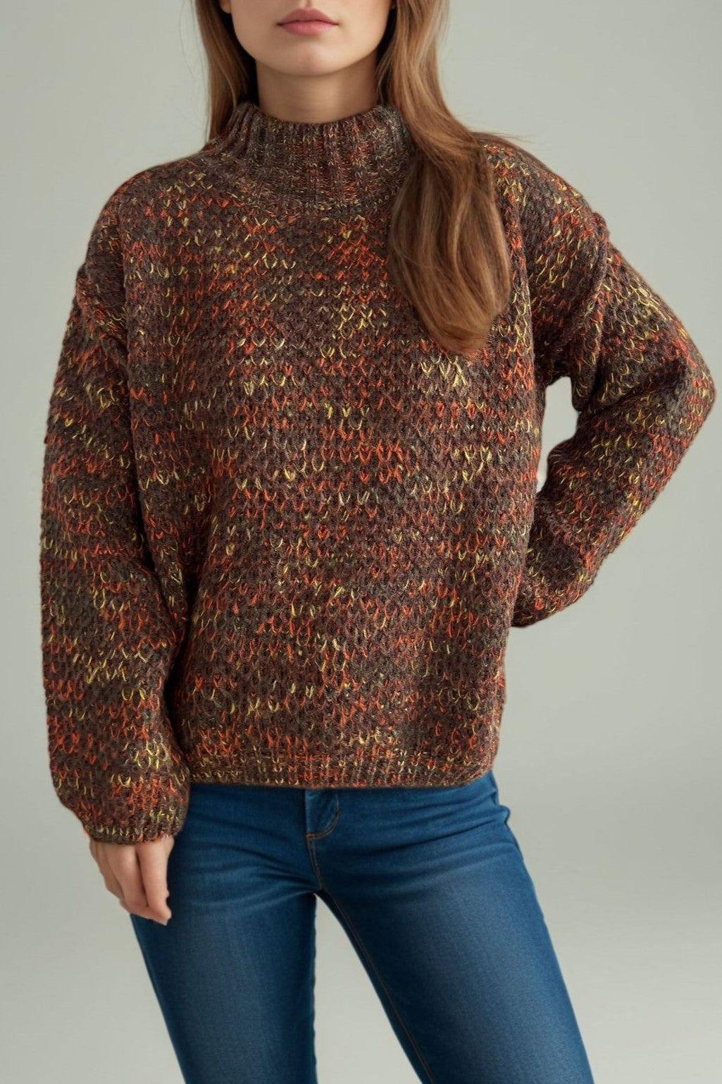 Chunky Marled Mock Neck Jumper - brown - 8