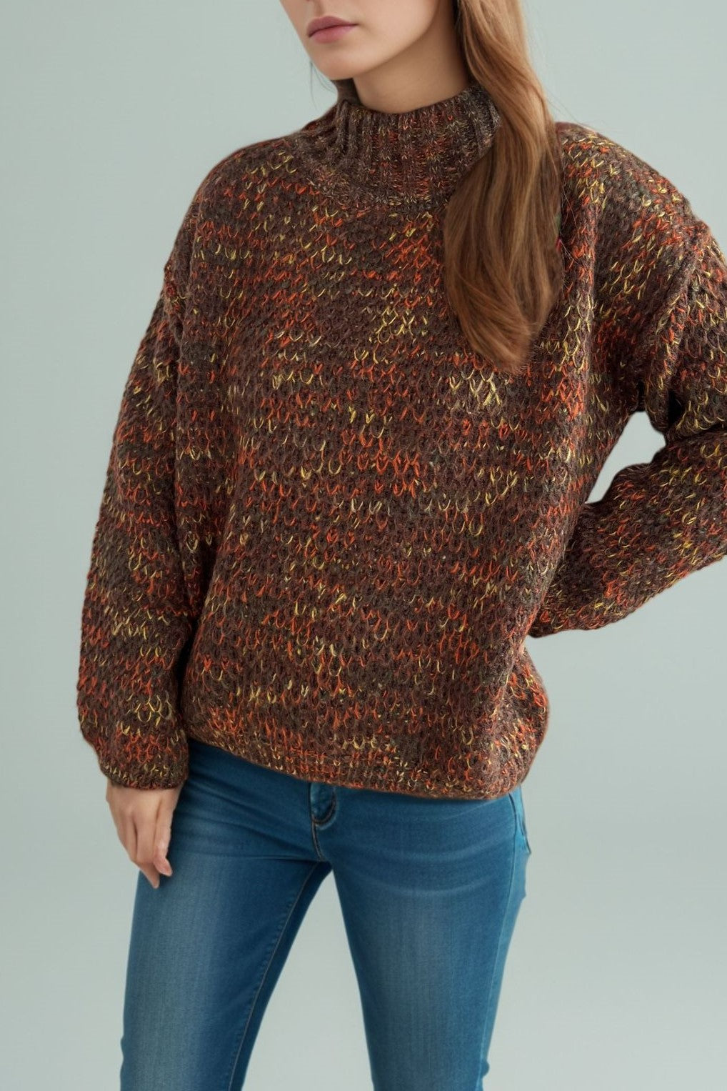 Chunky Marled Mock Neck Jumper - brown - 9