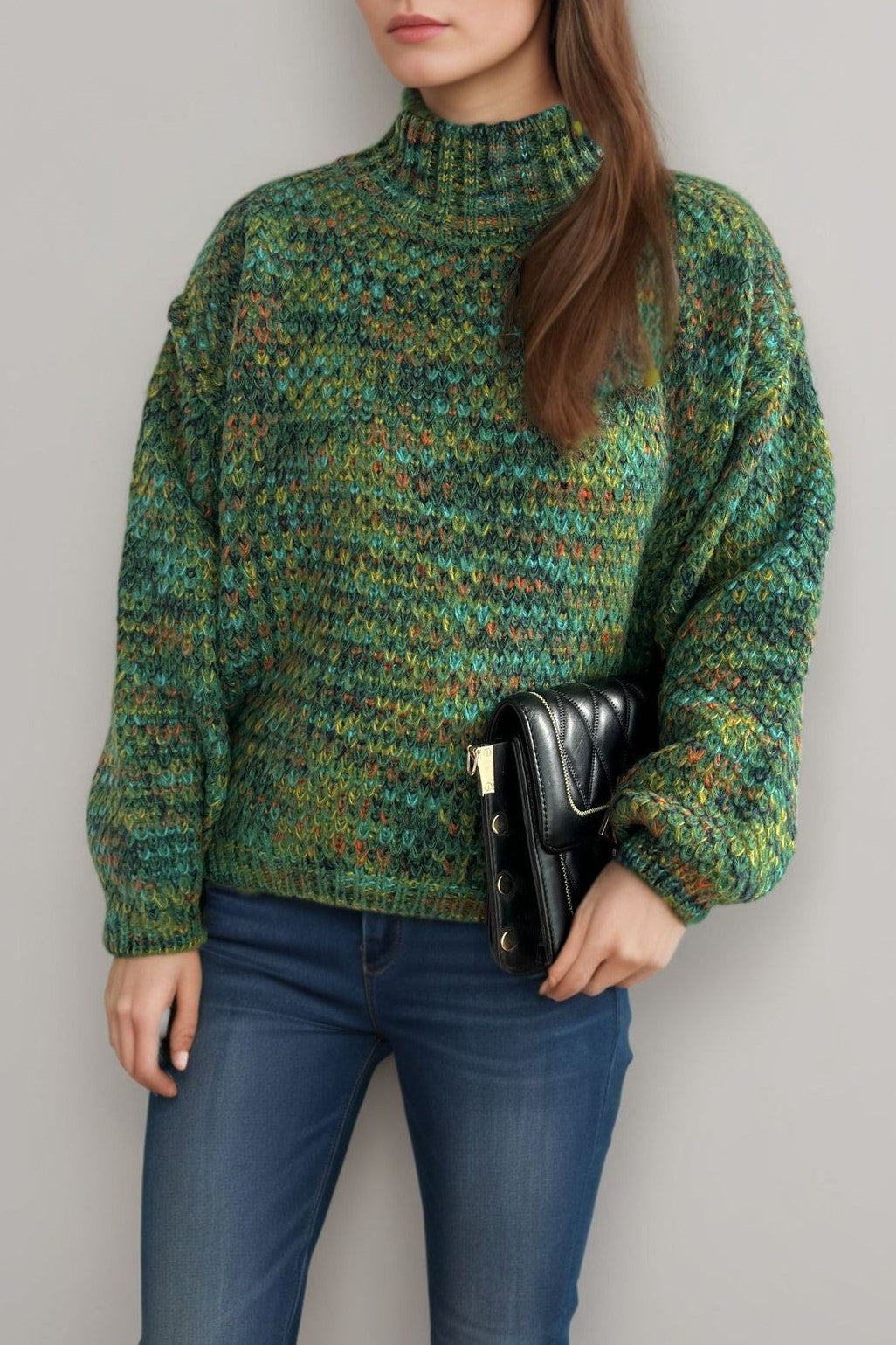 Chunky Marled Mock Neck Jumper - green - 2