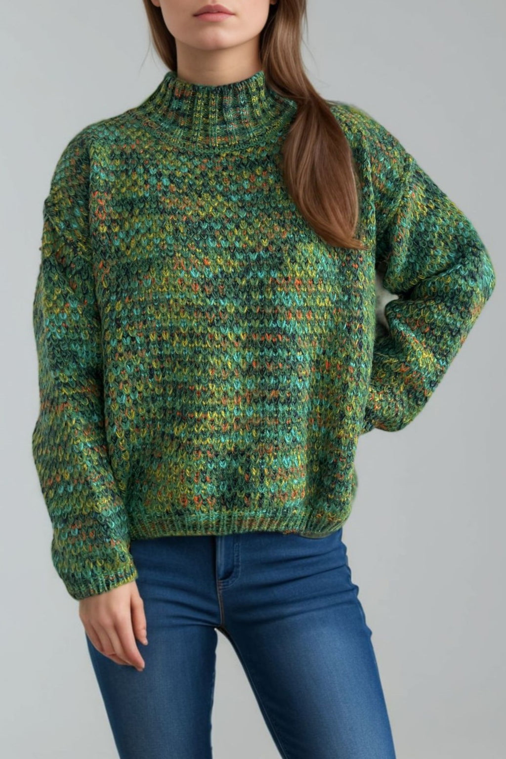 Chunky Marled Mock Neck Jumper - green - 3