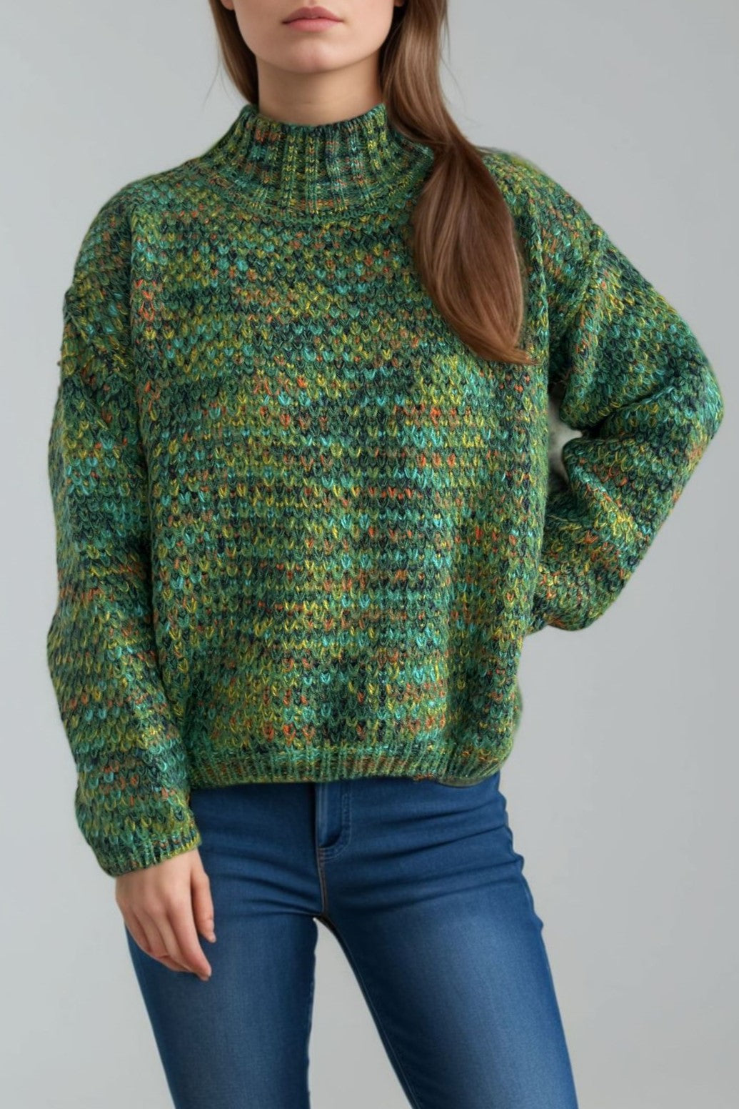 Chunky Marled Mock Neck Jumper - green - 3