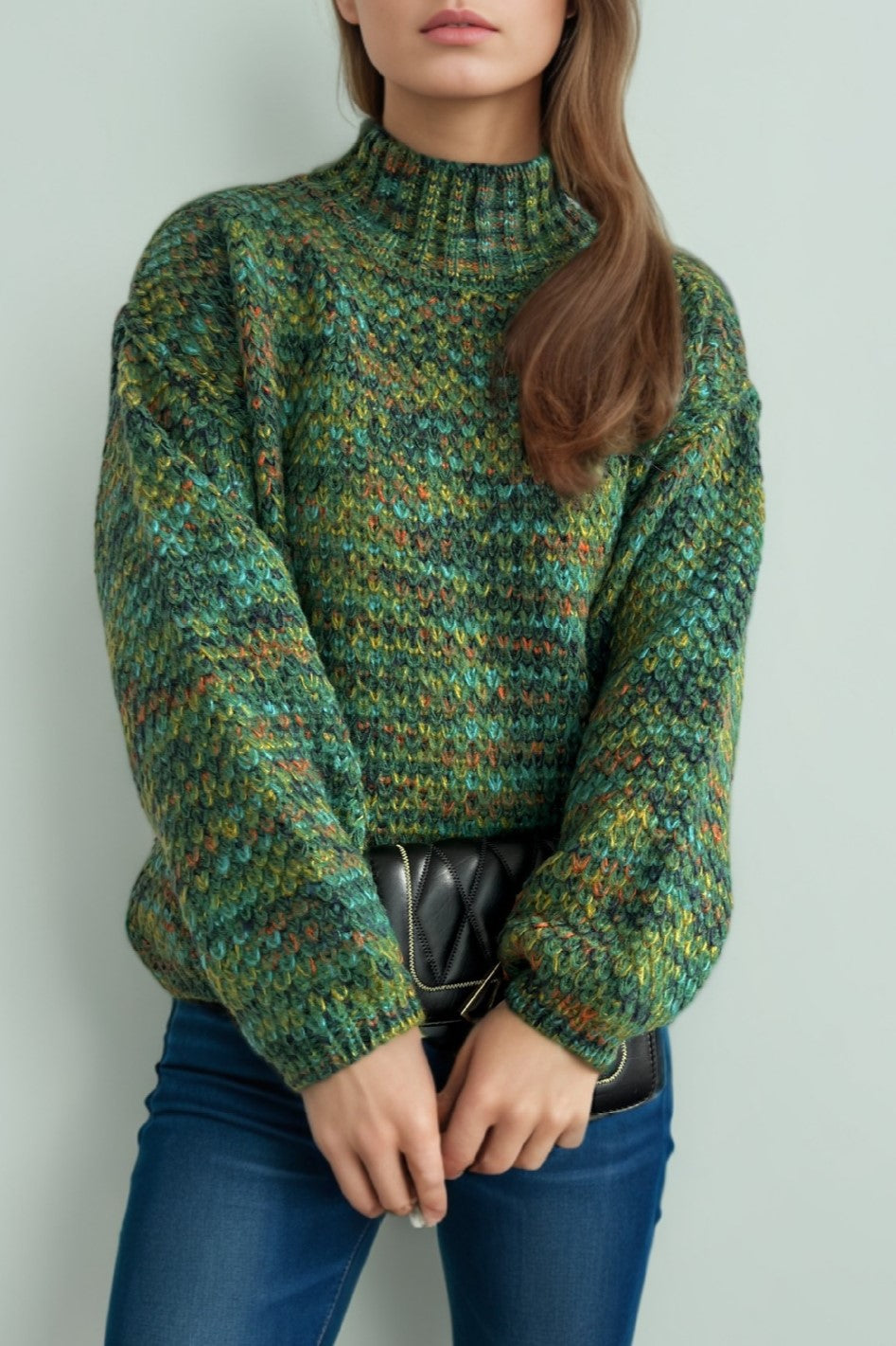 Chunky Marled Mock Neck Jumper - green - 5