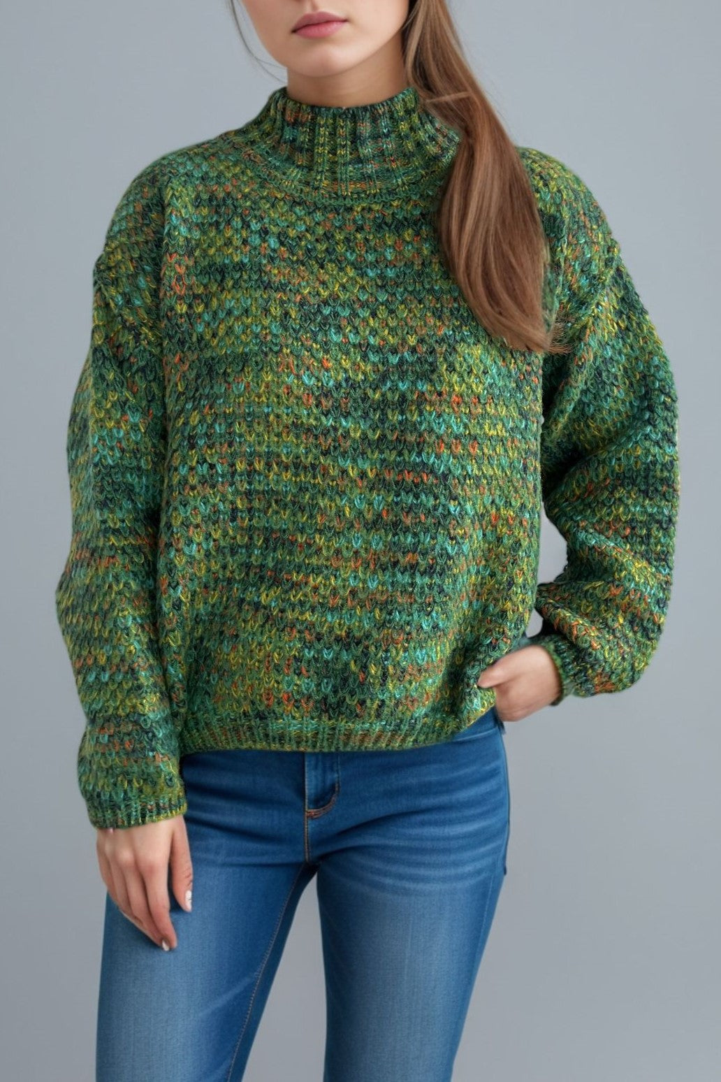 Chunky Marled Mock Neck Jumper - green - 6
