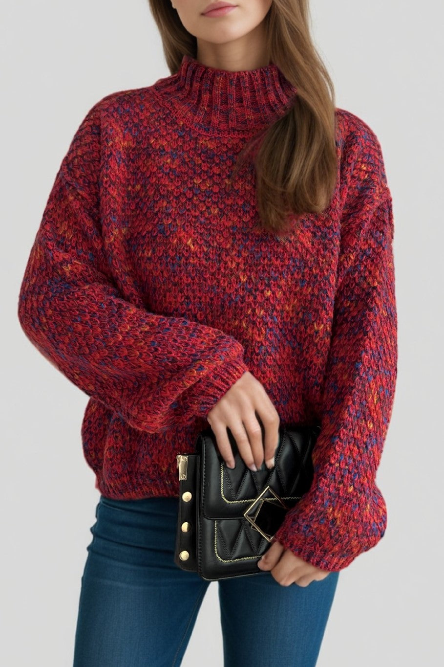 Chunky Marled Mock Neck Jumper - red