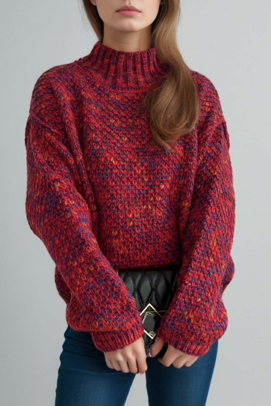 Chunky Marled Mock Neck Jumper - red - 3