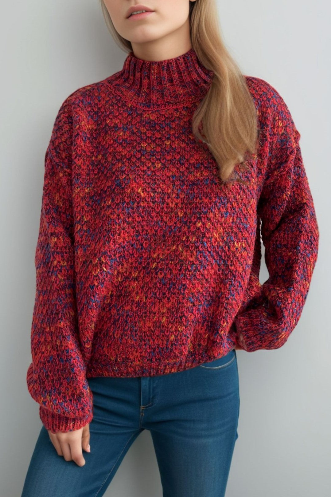 Chunky Marled Mock Neck Jumper - red - 5