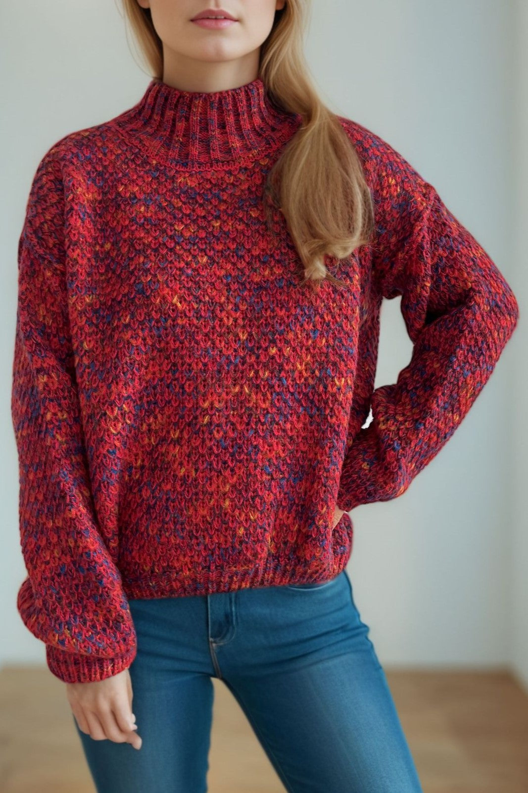 Chunky Marled Mock Neck Jumper - red - 6