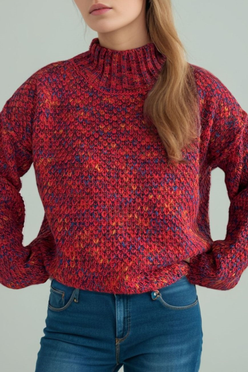 Chunky Marled Mock Neck Jumper - red - 7