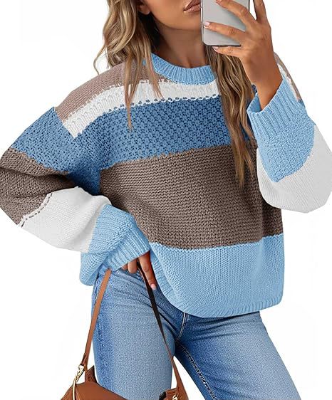 Wide Stripe Waffle Knit Balloon Sleeve Pullover - Blue