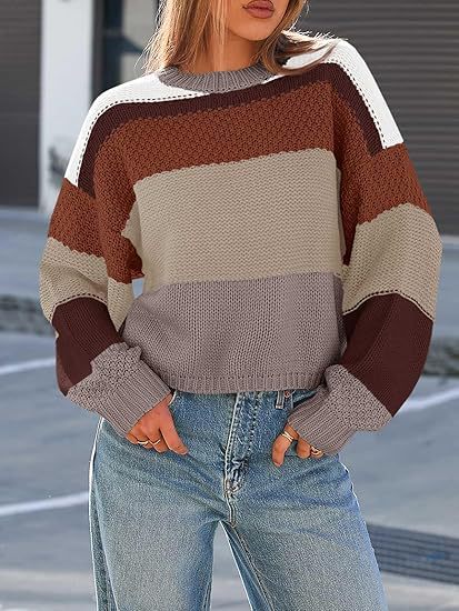 Wide Stripe Waffle Knit Balloon Sleeve Pullover - Caramel
