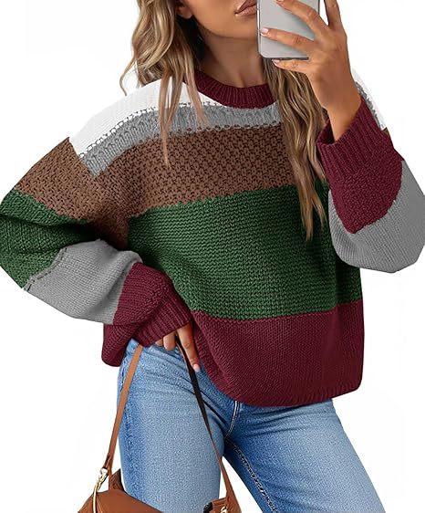 Wide Stripe Waffle Knit Balloon Sleeve Pullover - Coffee