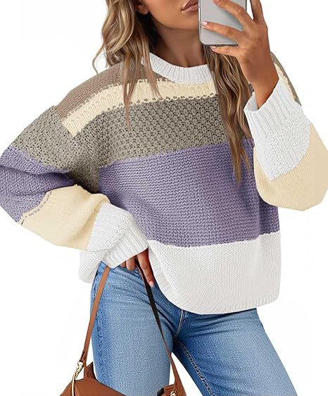 Wide Stripe Waffle Knit Balloon Sleeve Pullover - LightGray