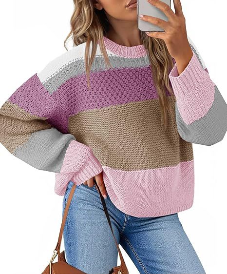 Wide Stripe Waffle Knit Balloon Sleeve Pullover - LightPurple