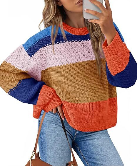 Wide Stripe Waffle Knit Balloon Sleeve Pullover - Orange