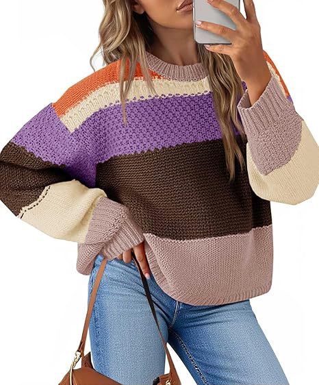 Wide Stripe Waffle Knit Balloon Sleeve Pullover - Purple