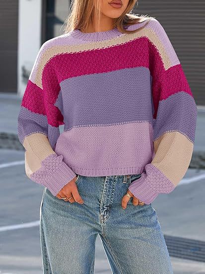 Wide Stripe Waffle Knit Balloon Sleeve Pullover - Rose
