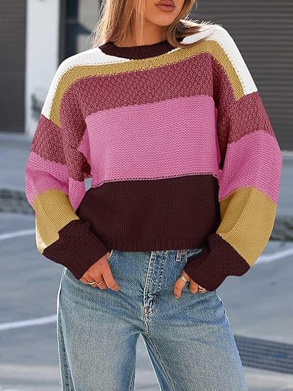 Wide Stripe Waffle Knit Balloon Sleeve Pullover - WineRed