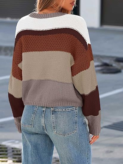 Wide Stripe Waffle Knit Balloon Sleeve Pullover