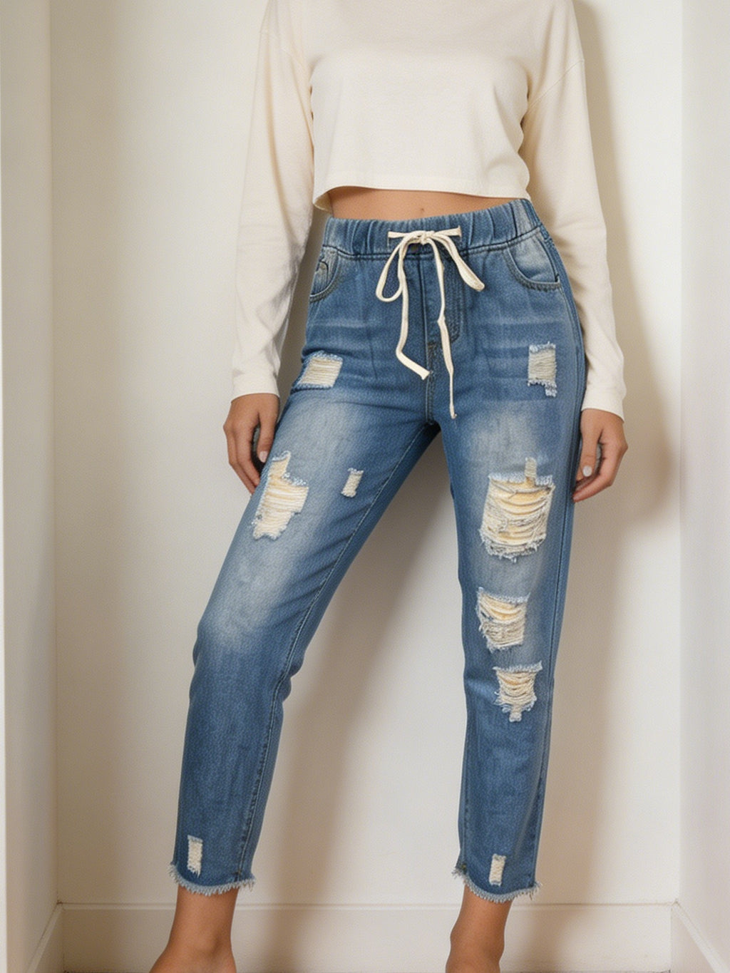Distressed Cuffed Hem Pull On Jeans - Blue