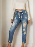 Distressed Cuffed Hem Pull On Jeans - Blue