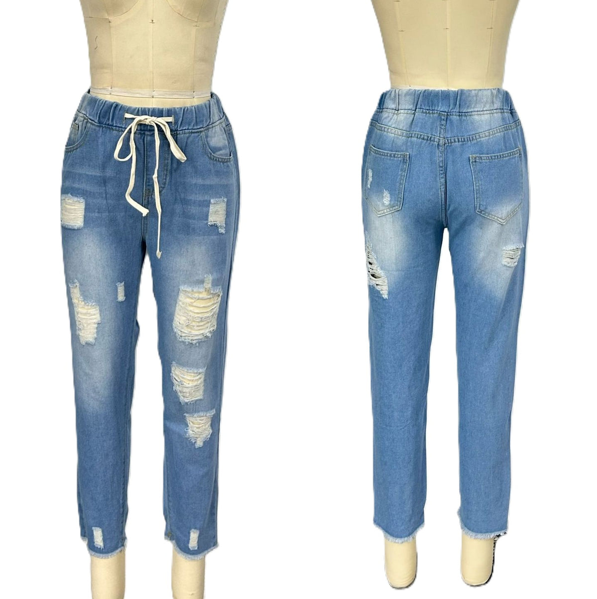 Distressed Cuffed Hem Pull On Jeans - Blue - 1