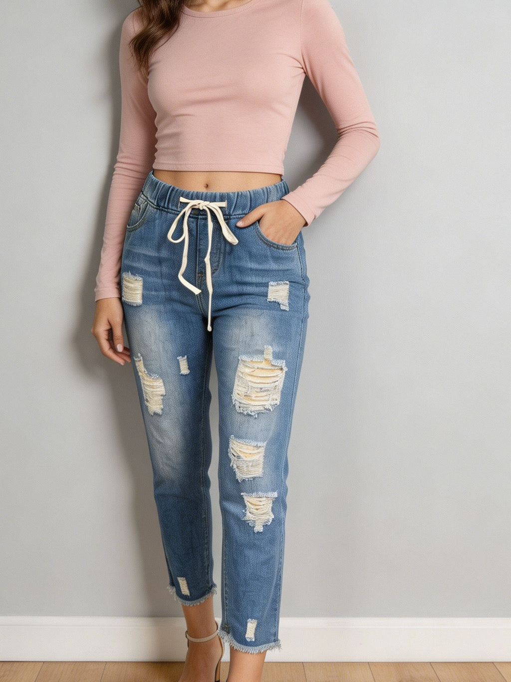 Distressed Cuffed Hem Pull On Jeans - Blue - 2