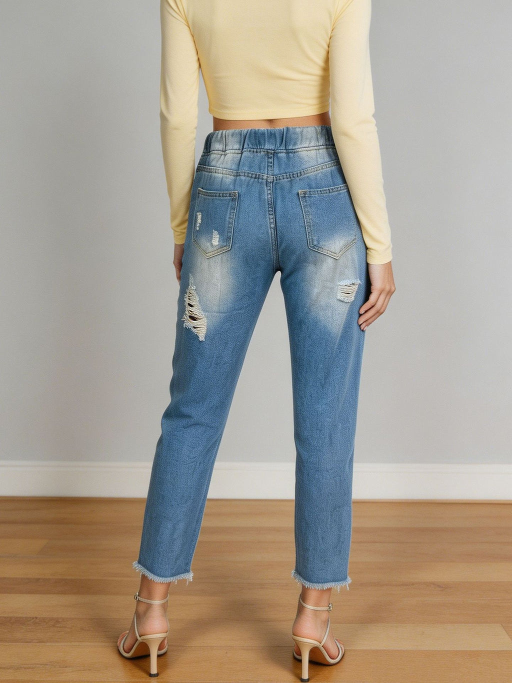 Distressed Cuffed Hem Pull On Jeans - Blue - 3