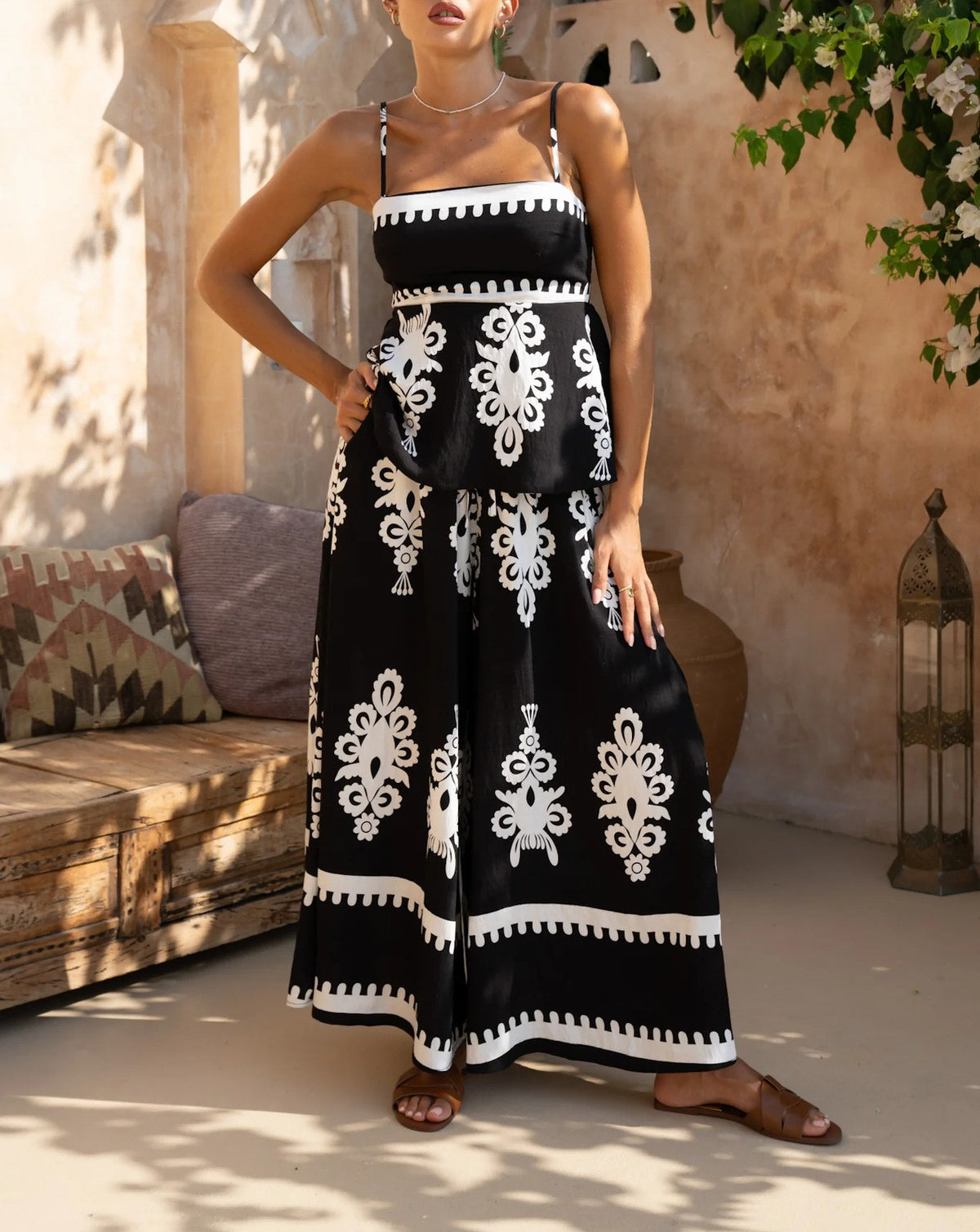 Folk Border Print Cami And Wide Leg Set - Black