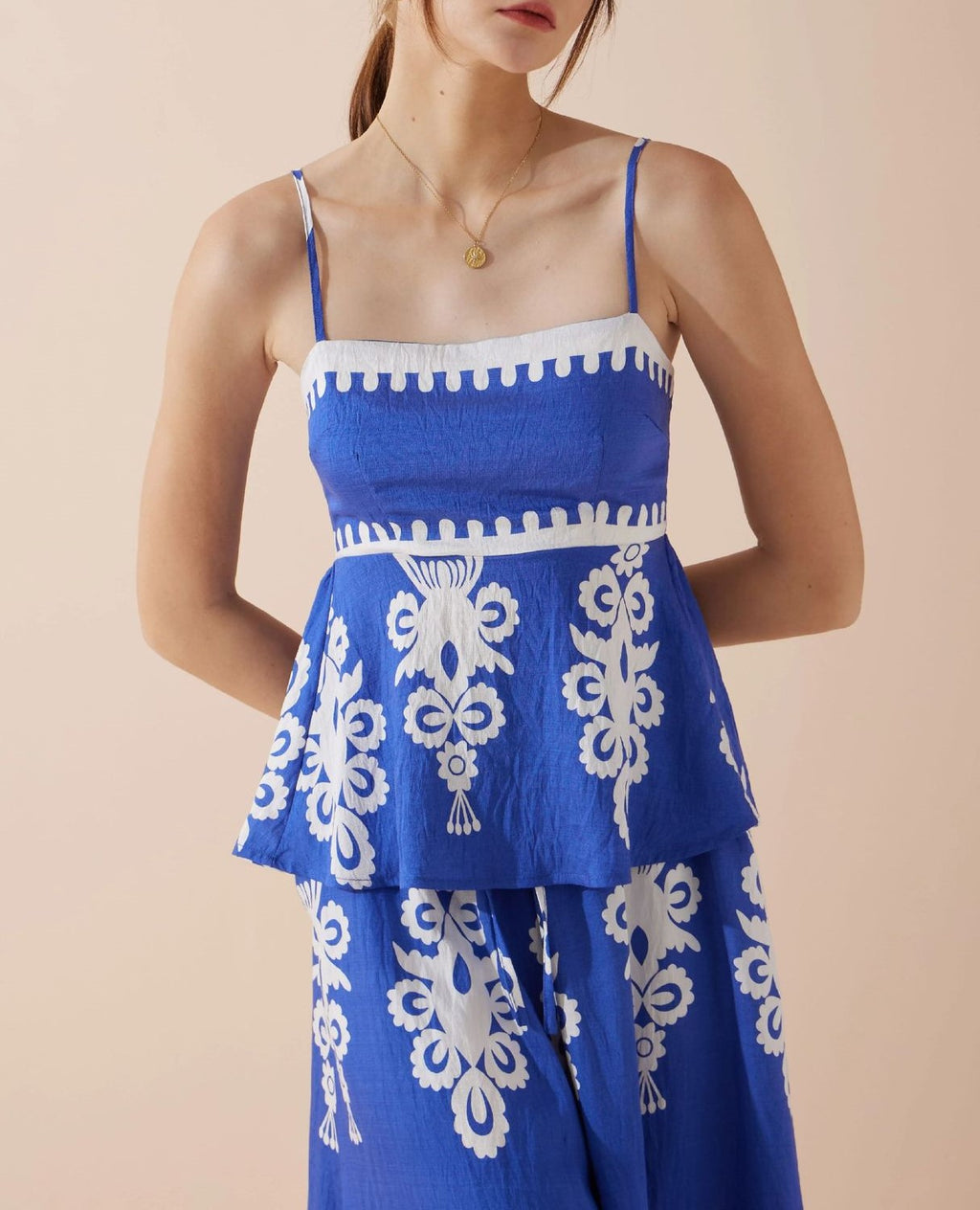 Folk Border Print Cami And Wide Leg Set - Blue