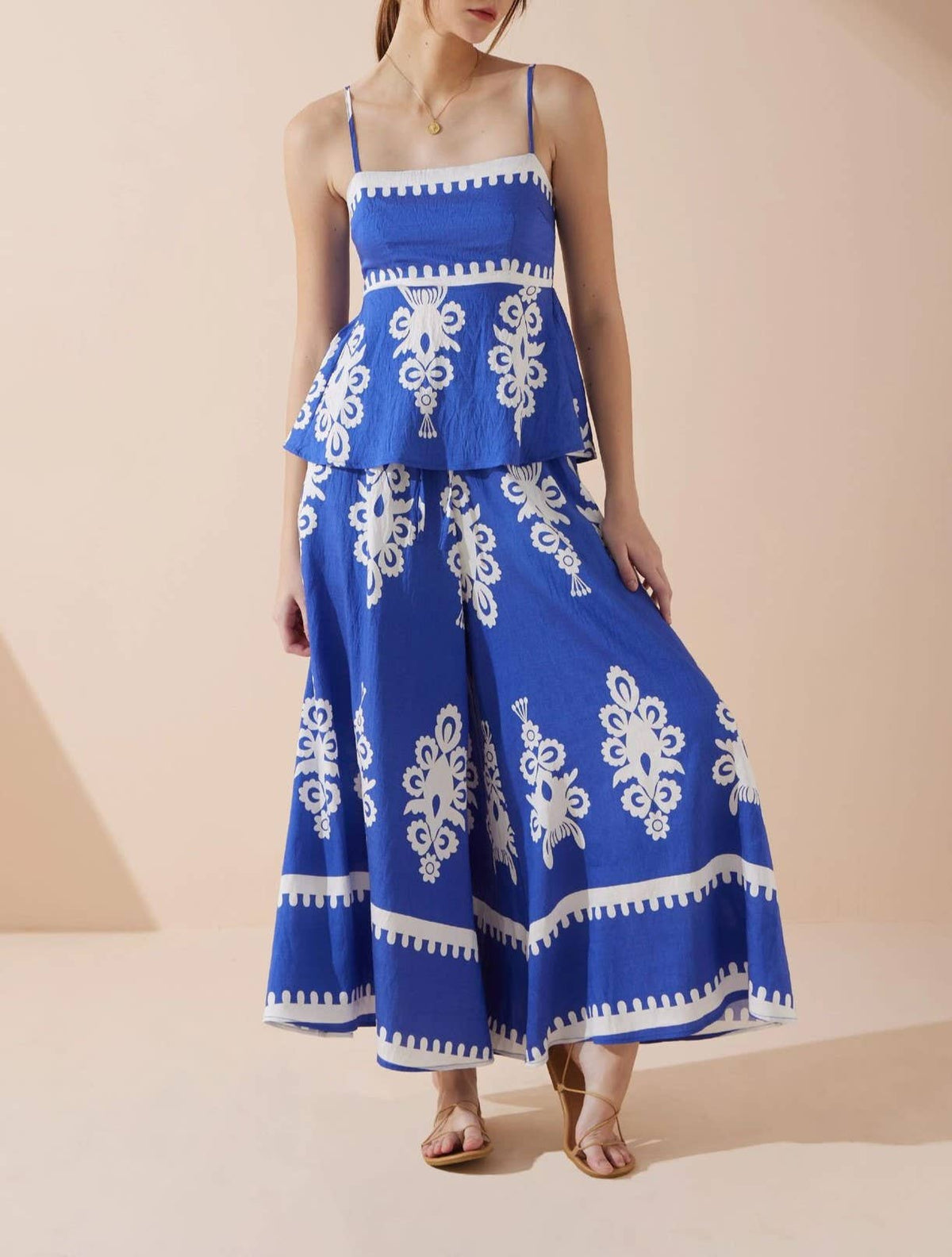 Folk Border Print Cami And Wide Leg Set