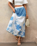 Two Tone Floral A Line Midi Skirt - Blue