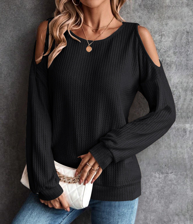 Cold Shoulder Ribbed Knit Button Back Top - Black