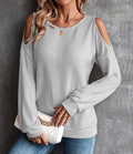 Cold Shoulder Ribbed Knit Button Back Top - Grey
