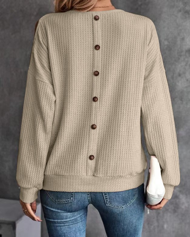Cold Shoulder Ribbed Knit Button Back Top - Khaki - 1