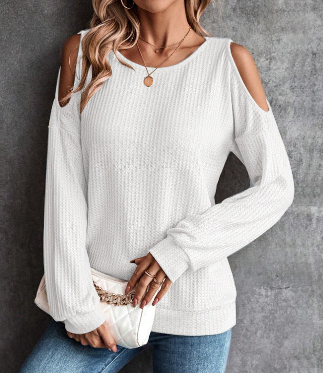 Cold Shoulder Ribbed Knit Button Back Top - White