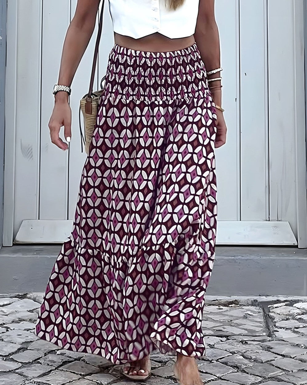Geometric Print Smocked Waist Maxi Skirt - Purple