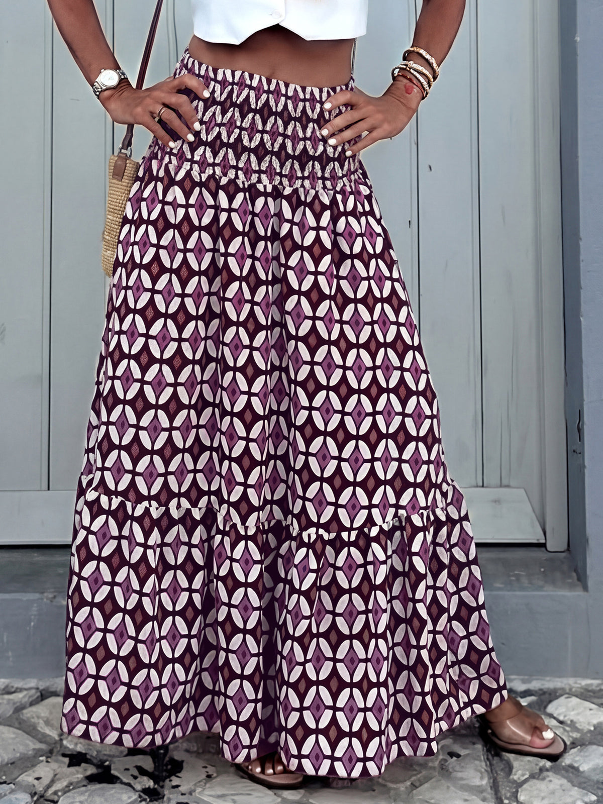 Geometric Print Smocked Waist Maxi Skirt - Purple - 3