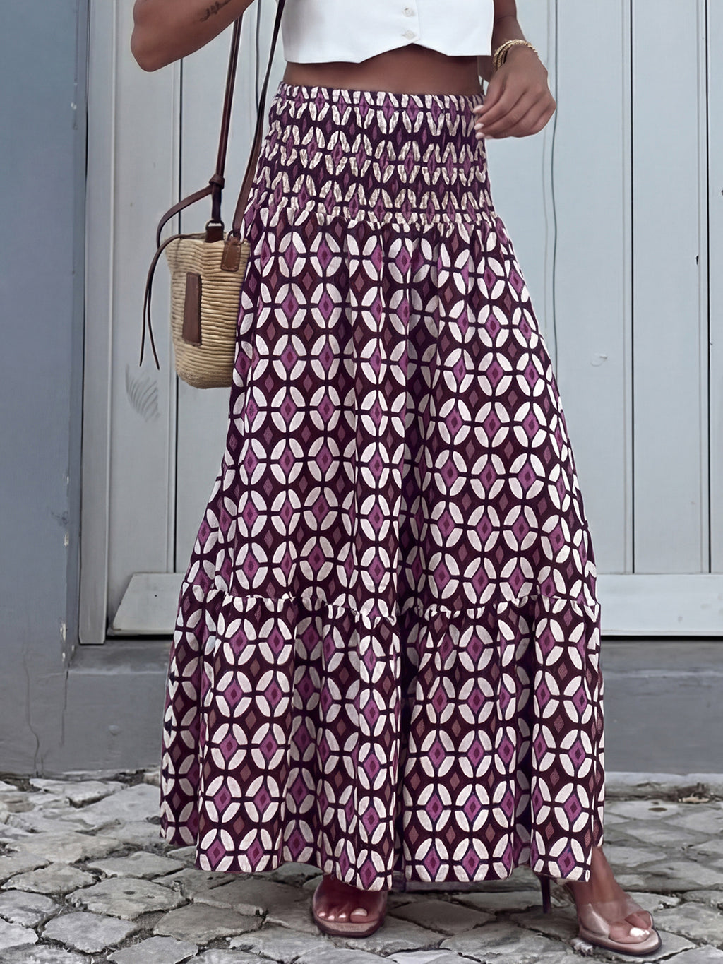 Geometric Print Smocked Waist Maxi Skirt - Purple - 5