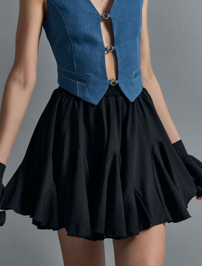 High Waisted Pleated Circle Mini Skirt - Black