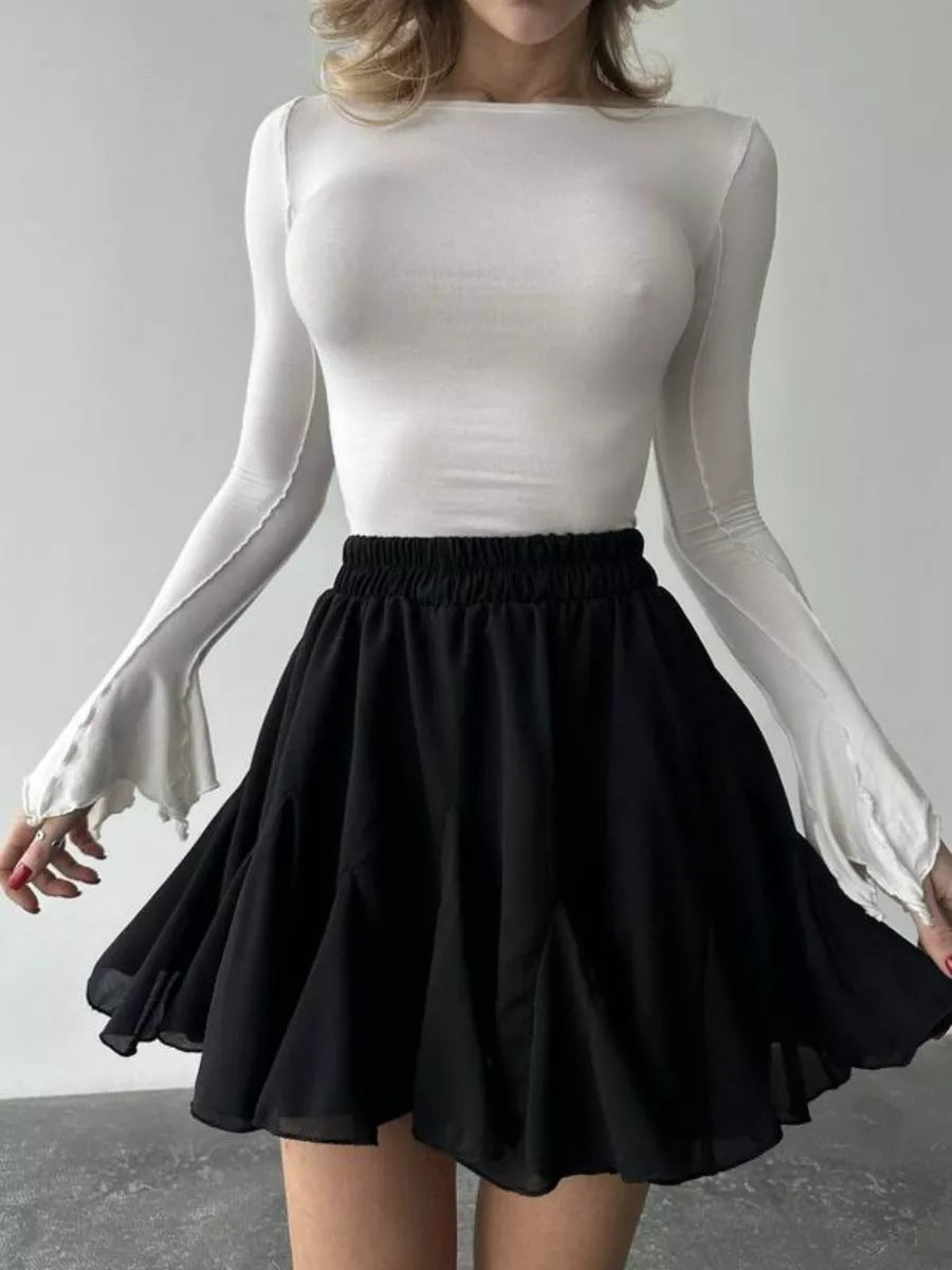 High Waisted Pleated Circle Mini Skirt - Black - 2