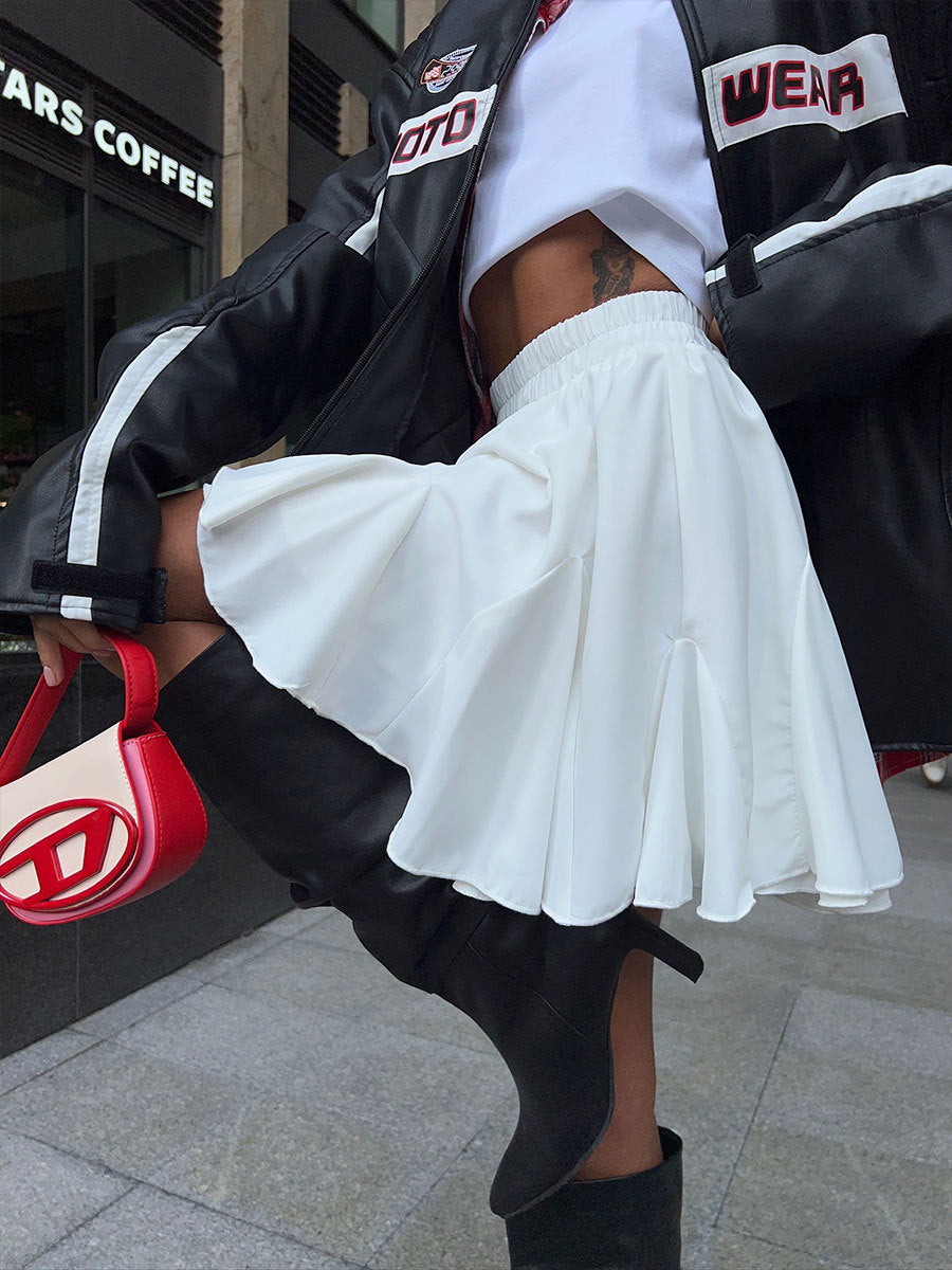 High Waisted Pleated Circle Mini Skirt - White