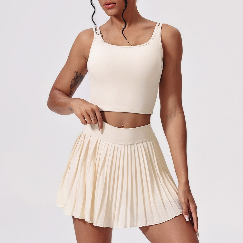 Tie Back Crop Tank and Pleated Tennis Skort Set - Cream