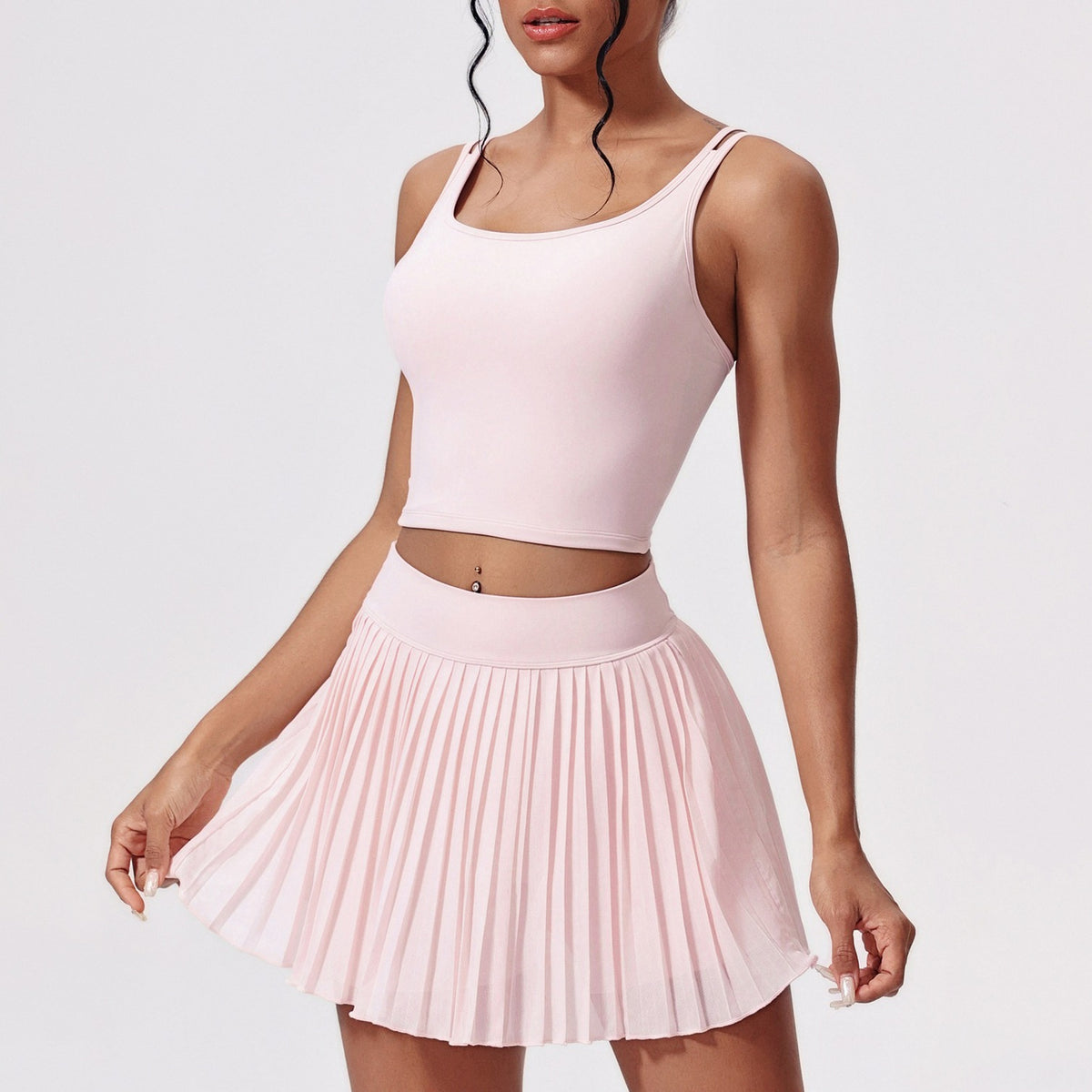 Tie Back Crop Tank and Pleated Tennis Skort Set - Misty Pink