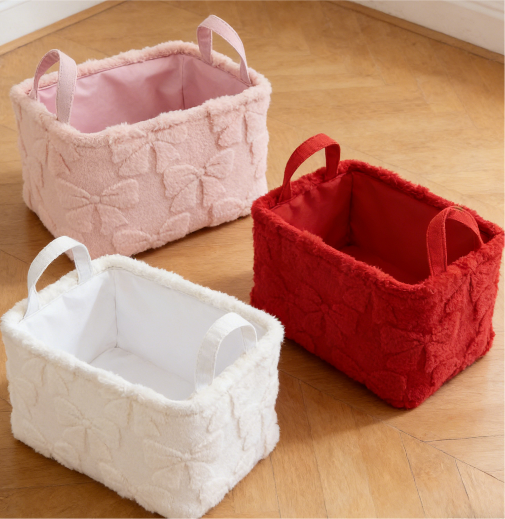 Fluffy Bow Storage Tote With Handles - Pink