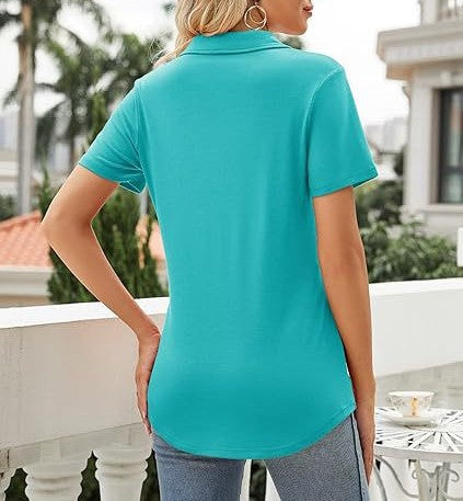 Notch Collar Short Sleeve Curved Hem Tee