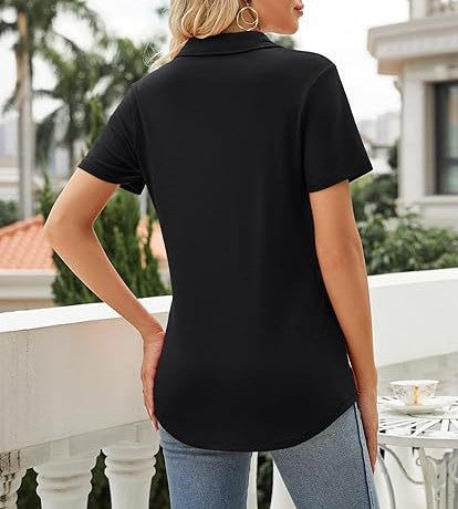 Notch Collar Short Sleeve Curved Hem Tee - view 1